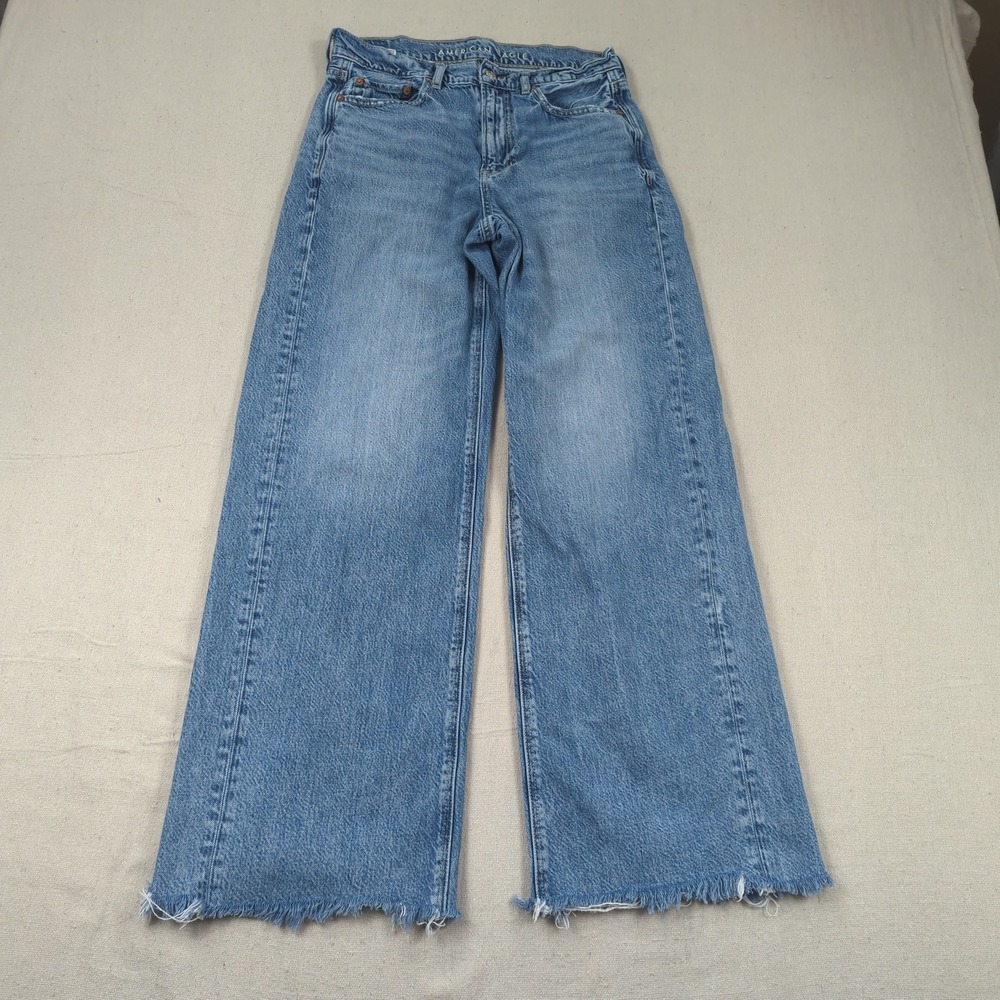 American Eagle Jeans Womens 2 Blue Super High Rise Wide Leg Baggy Frayed Boho